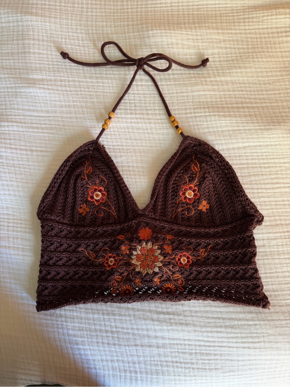 Women’s Crochet Halter Crop Top with Floral Embroidery - Brown